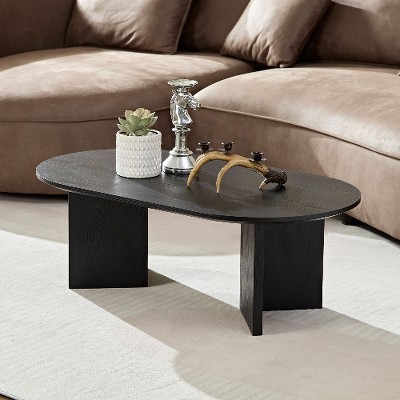 Lyngins 39.37" Modern Coffee Table with Wood Veneer, Oval Center Table for Living Room, Sturdy MDF Pedestal Base, Easy Assembly, Living Room Table