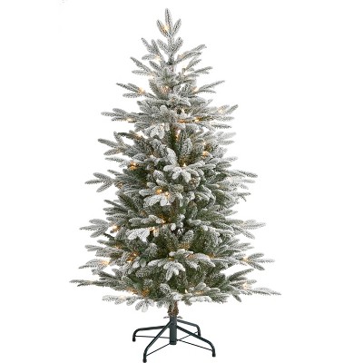 Nearly Natural 4.5-ft Flocked Manchester Spruce Artificial Christmas Tree with 100 Lights and 357 Bendable Branches