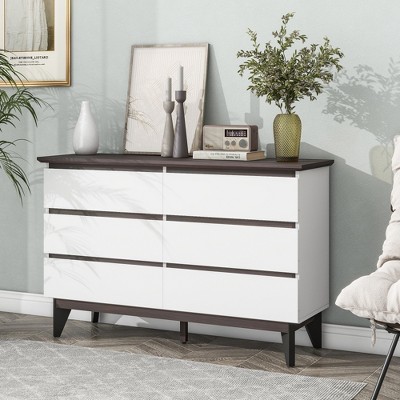 RISOKEYS Farmhouse Dresser for Bedroomwith Drawers, Wide Storage Cabinet with Drawers, White and Walnut, for Bedroom and Living Room