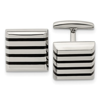 Black Bow Jewelry Stainless Steel & Black Rubber Striped Square Cuff Links, 17.5mm