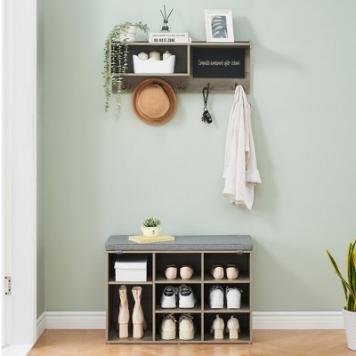 Whizmax Hall Tree Shoe Bench Industrial 6 in 1 Coat/Shoe Rack with 5 Hooks,9 Storage Cubbies with Bookshelf and Small Blackboard,for Entryway,Hallway