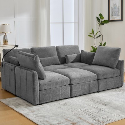 Whisen Multi-Functional Chenille Sofa with Modular Ottoman, USB Ports & Phone Holder