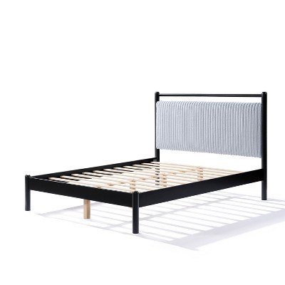 Christopher Knight Home Mircea Modern Rubberwood Platform Bed Frame with Light Grey Fluffy Headboard