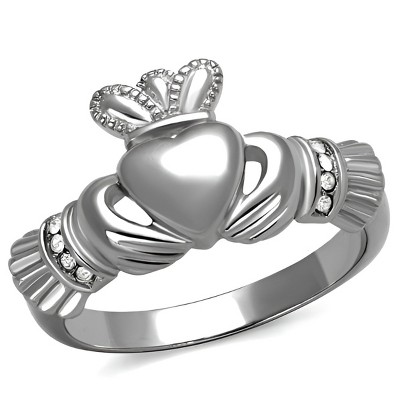 Slickblue Women’s Silver Heart Ring, Claddagh Crown Design, Polished Steel, Clear Stones, Celtic Style, Size 5–10