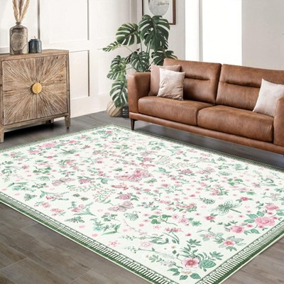 Coolmee Area Rugs Modern Floral Rug,Low Pile Area Rugs Machine Washable Large Carpet for Dining Room Playroom Home Office Decor