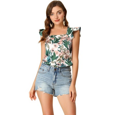 Allegra K Women's Tropical Floral Printed Square Neck Ruffle Sleeve Tank Top