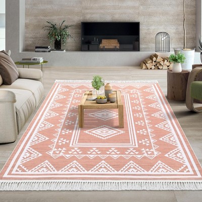 TROPOW Vintage Floral Washable Rug - Non-Slip Fringed Carpet for Living Room & Bedroom