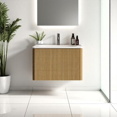 24" Floating Bathroom Vanity with Striped Natural Oak Texture, Wall-Mounted Cabinet, Integrated White Ceramic Sink