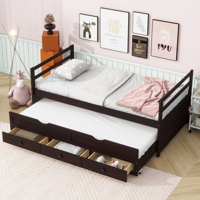 KIGFTSOD Twin Size Bed with Trundle and Three Storage Drawers