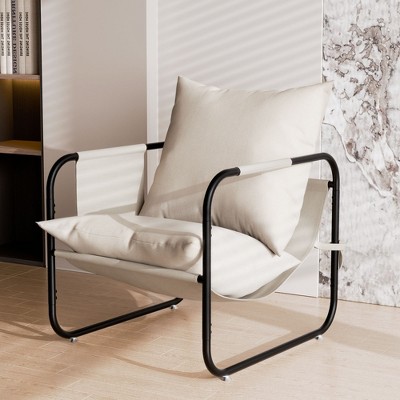 Hausource Upholstered Sling Accent Chair Ergonomic Design Armchair with Side Pockets & Lumbar Support
