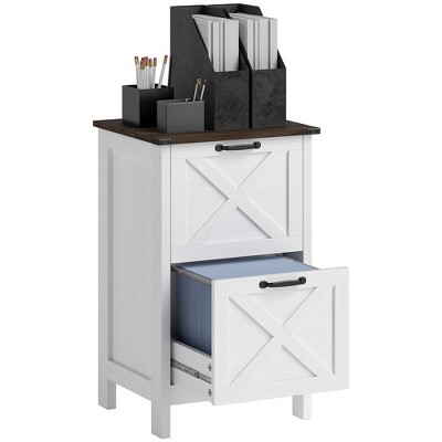 HOMCOM 2 Drawer Vertical File Cabinet with Silent Slides, Farmhouse Filing Cabinet with Barn Doors for A4/Letter Size, Printer Stand, Distressed White