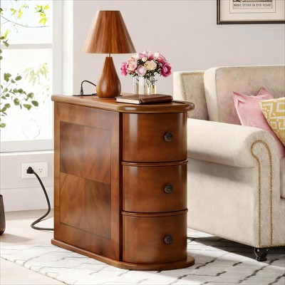 Gulches Wood 3-Drawer End Table with Charging Station No Assembly Required Narrow Side Table/Nightstand