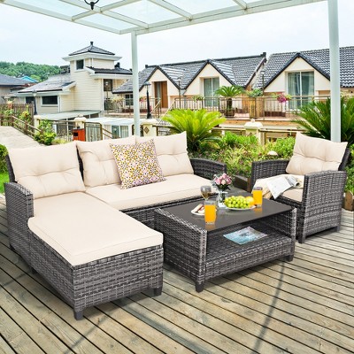 Costway 4PCS Patio Rattan Furniture Set Sofa Ottoman Cushion Garden Deck White/Gray/Black