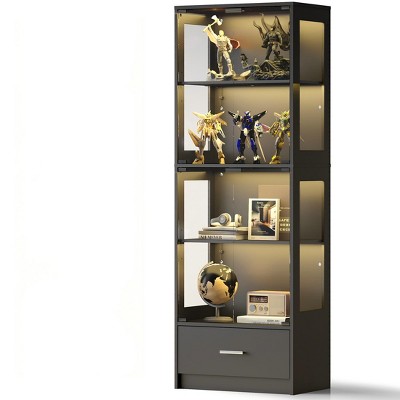 Skyzoo 5-Tier Glass Display Cabinet with LED Lights & Adjustable Shelves & 1 Drawer, Curio Cabinet for Home & Office