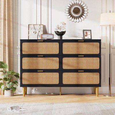 GustoWave Rattan 6 Drawer Dresser for Bedroom, Large Double Dresser with Deep Drawers, Long Wooden Chest of Drawers for Closet with Wide Top