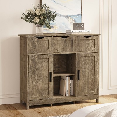 KTMBDW Bathroom Floor Cabinet Wooden Storage Organizer with 2 Door and 3 Drawers, Free-Standing Cupboard for Kitchen/Living Room/Bathroom Use