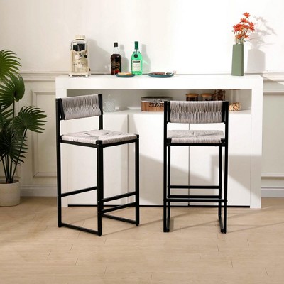 Resenkos Counter Bar Stools, Counter Stool,Gray Set of 2 Hand Weave Bar Stools with Back Paper Rope Woven Dining Stool(Gray)