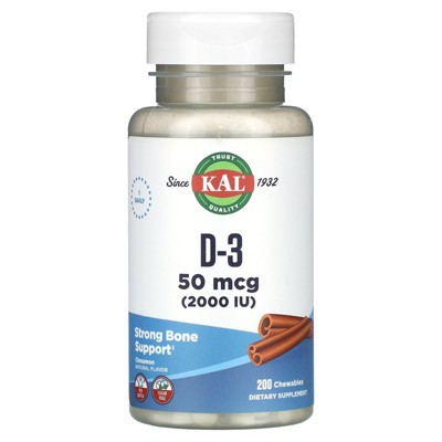 KAL Vitamin D3 Chewables 50 mcg, Vitamin D 2000 IU as Cholecalciferol, Sugar Free, Natural Cinnamon Flavor D3 Vitamin, Immune Support & Bone Health,