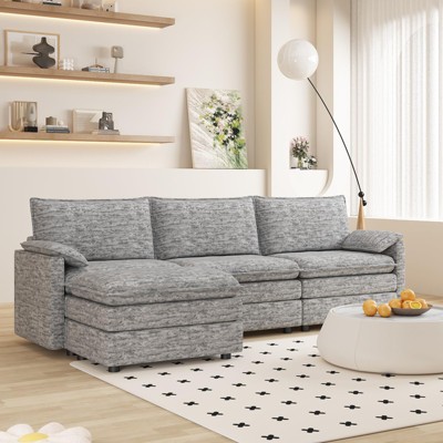 108" XL Modular Sectional Couch, Deep Seat Modern Chenille L Shaped Modular Sofa, Cloud Couch for 4 with Movable Ottoman, Sectional Sofa