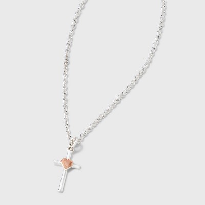 Silver Plated Two Tone Cross with Heart Pendant Necklace - Silver/Rose Gold