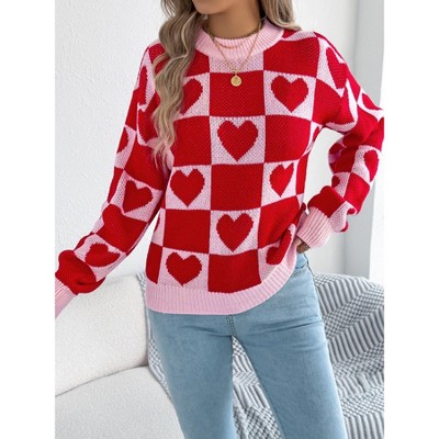 Women Checkered Holiday Oversized Sweater Cute Plaid Print Crewneck Sweatshirt Knit Puff Sleeve Chunky Jumpers Red,L