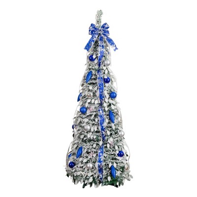 Nearly Natural 5' Pre-Lit Artificial Pop Up Flocked Christmas Tree with Silver and Blue Ornaments and Ribbons