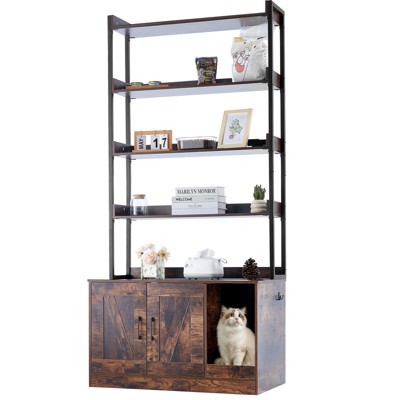VEVOR Cat Litter Box Enclosure, Hidden Litter Box Furniture with 4 Storage Shelves, Wooden Cat Washroom Indoor, 33.5"L x 19.3"W x 72.3"H, Dark Brown