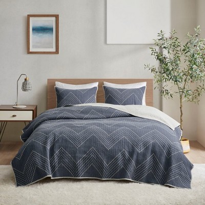 3 Piece Embroidered Cotton Quilt Set Navy King/Cal King