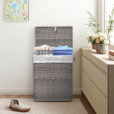JIONJOY 23.7 gal. Wicker Hamper w/Lid, Foldable Design, Removable Compartment & Washable Liner