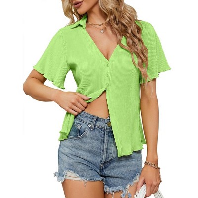 Women's Corduroy Short Sleeve Tops Deep V Neck Shirt Button Front Blouse Short Sleeve Tops Ruffle Blouse for Summer 2024
