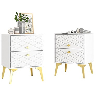 CIPACHO 2-Piece White and Gold Nightstand Set with 2 Drawers for Bedroom Living Room