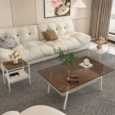 38.58" Coffee Table and 2 End Tables Set with Gray Tempered Glass Tops, MDF Layers, Modern Living Room Tables with Durable Iron Legs