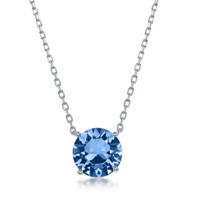 Bella Silver Sterling Silver 8MM Light Sapphire "December" Swarovski Element Necklace - Light Blue - 16+2 Inch