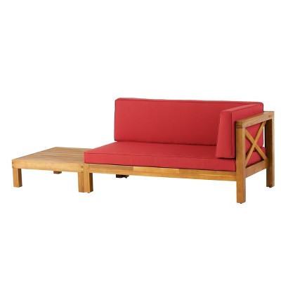 2pc Brava Outdoor Acacia Wood Right Arm Loveseat & Coffee Table with Cushion Teak/Red - Christopher Knight Home: Patio Chat Set