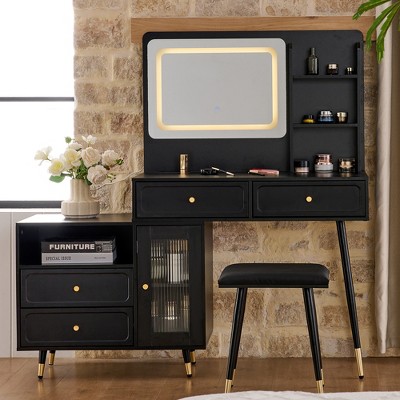 QingMoon Retractable Makeup Vanity with Mirror, Dressing Table Set with Stool, Drawers and Side Cabinet, for Bedroom