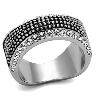 Slickblue Women's Polished Stainless Steel Ring – Multiple Clear Synthetic Crystals, No Plating, size 5-10