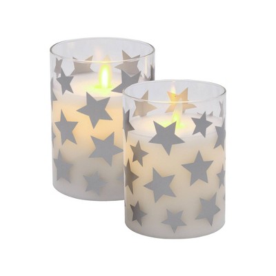 2ct Battery Operated Glass LED Candles with Moving Flame Silver Stars: Flameless Pillar, Winter Decor, Lumabase