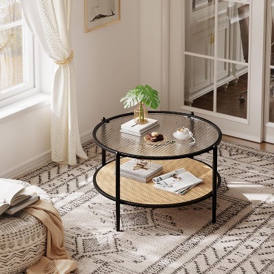 coucheta 30" Round Coffee Table with Storage Shelf, Modern Simple 2 Tier Boho Glass Top Metal Circular Center Table, for Living Room, Dining, Balcony