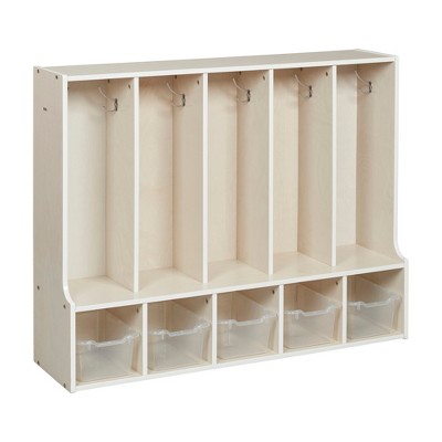 ECR4Kids Streamline 5-Section Coat Locker with Bench and Scoop Front Storage Bins, Toddler Size, White Wash