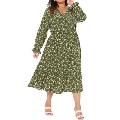Agnes Orinda Women's Plus Size Bohe Floral Print V Neck Long Sleeve Ruffle Hem A Line Midi Dresses