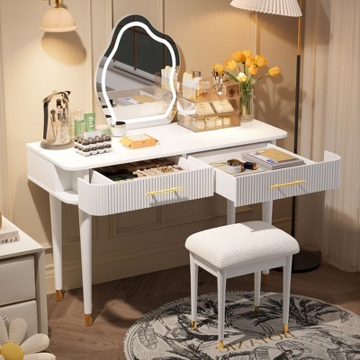 NicBex 39" Vanity Desk with Touch LED Lighted Mirror,Makeup Vanity with 1/2 Drawers,Curved Edges Vanity Table,Dressing Table for Bedroom