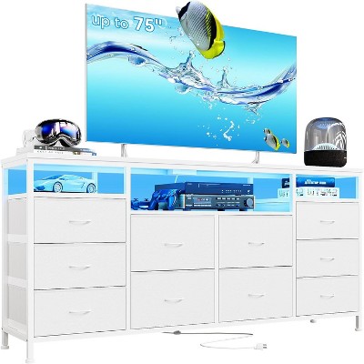 Jojoka 10-Drawer Fabric Dresser and TV Stand with Built-In Charging Station, LED Lights – Fits Up to 75 TVs, 63 Wide