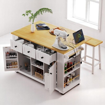 53" Farmhouse Kitchen Island Set with 2 Bar Stools, Drop Leaf, Outlet, Storage Shelves, Rolling Kitchen Cart with Wheels, 3 Drawers, Kitchen Cabinets