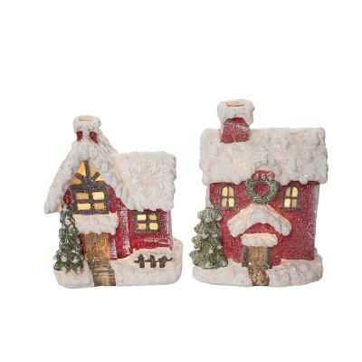 Transpac Light Up Woodland Cottage Figurine Set of 2 Christmas Home Decorations Resin Decorative Objects