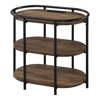 24/7 Shop At Home Tanna Side Table Brown/Matte Black Coating: Oval, 3-Tier Shelves, USB Ports, Metal Frame