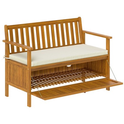 Outsunny Outdoor Bench with Storage Compartment, Acacia Wood Patio Bench with Cushion, 2 Seater Garden Bench for Park Balcony, Teak