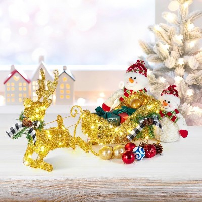 GAOMON Gold Santa Sleigh & Reindeer Set, Outdoor Lighted Christmas Decor with Adjustable Antlers and Warm Lights