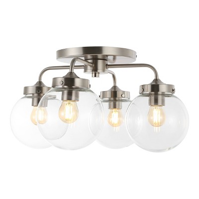 18" 4-Light Piper Farmhouse Rustic Iron/Glass LED Semi Flush Mount Nickel/Clear - JONATHAN Y