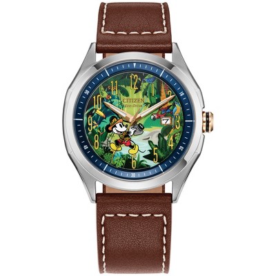 Disney Citizen Eco-Drive Watch Featuring Mickey Mouse Explorer Stainless Steel Case, Brown Leather Strap, 3 Hand