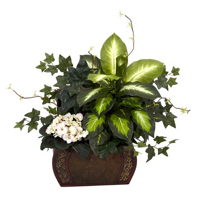 Nearly Natural African Violet, Dieffenbachia & Ivy with Chest Artificial Plant